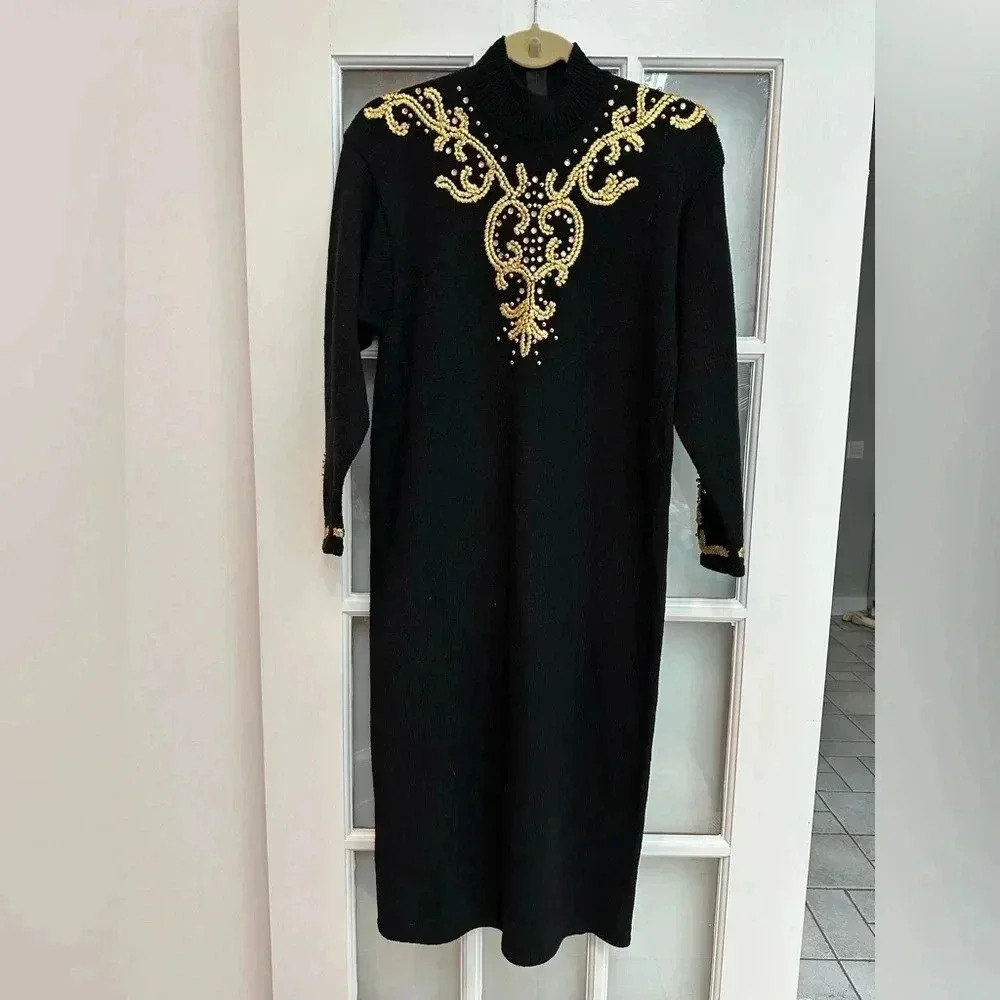 Vintage Antonella Preve New York Black Whimsigoth Gold Beaded Midi Dress Size M